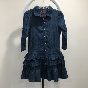 GUESS Dark Wash Ruffle Hem Logo Hardware Chambray Denim Dress